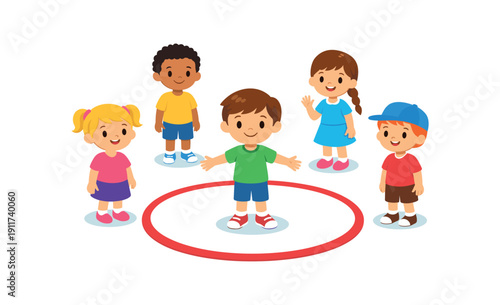 child using boundary circle mat standing center while others stay outside line unless invited practicing body space . colored flat icon vector illustration