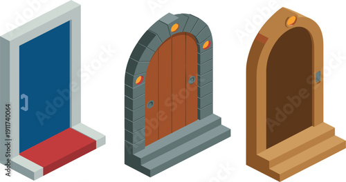 Isometric vector illustration set of diverse architectural entrance doors featuring modern glass, medieval stone arch and classic wooden design
