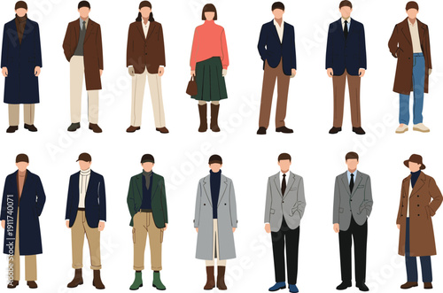 Collection of fashionable men and women in elegant autumn and winter outfits featuring trench coats blazers and professional business casual attire.