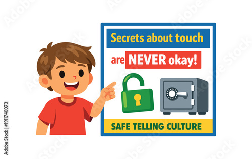 kid pointing to poster that says secrets about touch are never okay open lock icon safe telling culture . colored flat icon vector illustration