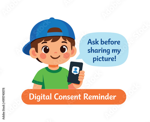 kid holding phone with message bubble ask before sharing my picture digital consent reminder . colored flat icon vector illustration