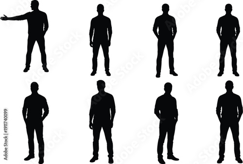 Collection of professional male silhouettes in various standing poses featuring a man pointing and others with hands in pockets set
