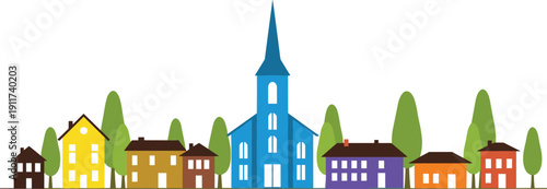 Colorful town village illustration, small houses and church skyline with trees, flat urban landscape vector design isolated on white background