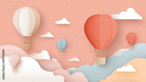 Pastel Hot Air Balloons Floating Over Cloudscape Against a Peach Background Illustration