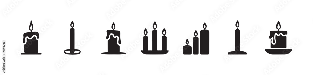 Obraz premium Collection of black silhouettes of burning wax candles and small multi wick candelabra icons