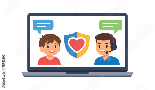 laptop screen with child avatar and adult avatar tiny heart shield between them supervised online talk . colored flat icon vector illustration
