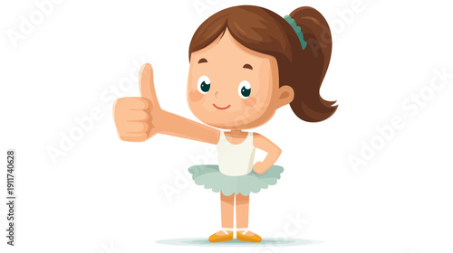 A cartoon ballerina girl with brown hair in a ponytail gives a thumbs up