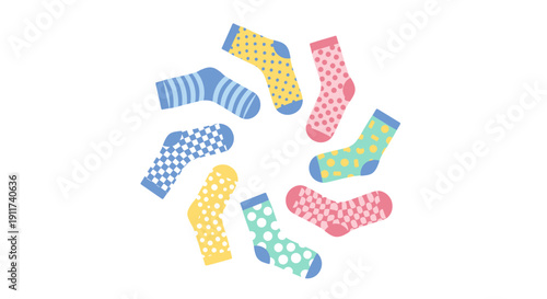 A pair of vibrantly patterned, playfully mismatched socks, gently illuminated by soft morning light on a clean white fabric, evoking comfort and unique personal style