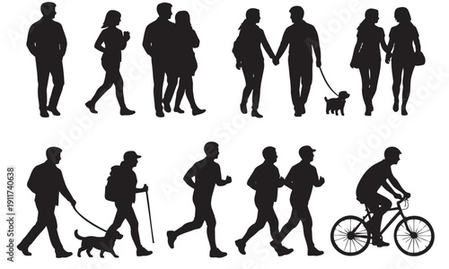 Urban People Walking and Daily Activity Silhouettes Set