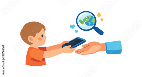 child giving device to parent hand with small magnifying glass icon gentle internet check together . colored flat icon vector illustration