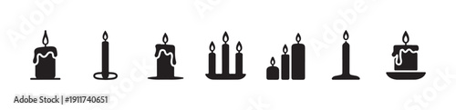 Collection of black silhouettes of burning wax candles and small multi wick candelabra icons