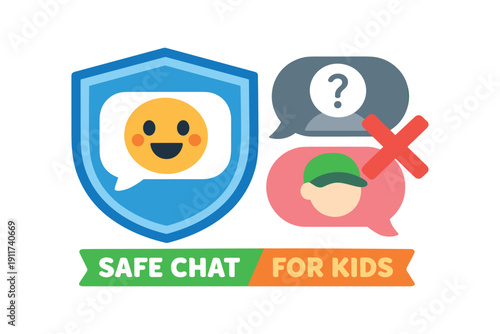 chat screen with happy face bubble inside shield and unknown face bubble outside crossed soft stranger safety for kids . colored flat icon vector illustration