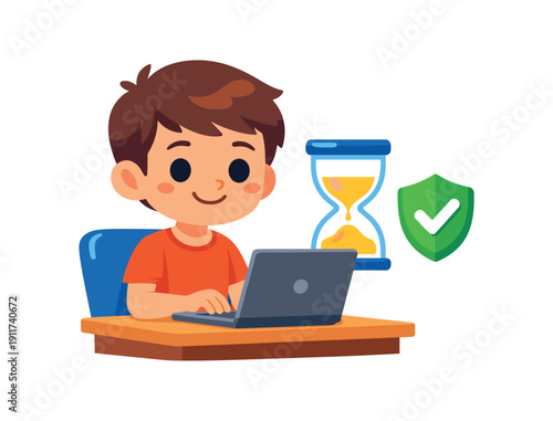 kid sitting at desk with laptop and hourglass icon plus tiny shield gentle online time limit . colored flat icon vector illustration