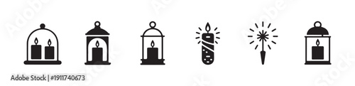 Set of black silhouettes of traditional lanterns containing lit candles and sparkler firework