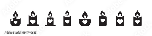 Set of eight romantic burning candle icons with heart shapes for valentine day love symbol