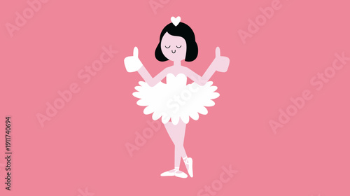 A ballet dancer, arms raised with thumbs up, wearing a tutu and heart on head