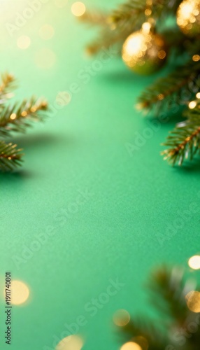 Vertical Christmas background with fir branches and golden ornaments. Festive holiday season with bokeh lights and copy space for text