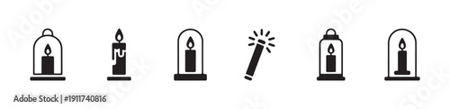 Collection of various candle under cloche, lanterns, and a magic wand in black vector icons