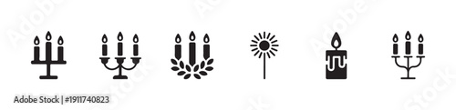 Set of candle holders, sparkler, and dripping candle icons in black for various celebrations