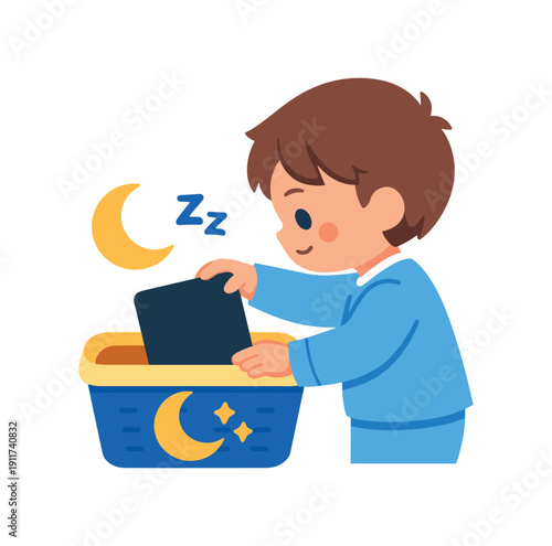 child placing tablet into small basket with moon icon evening device parking digital bedtime routine . colored flat icon vector illustration