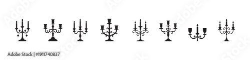 Diverse ornate candelabras for candles in black silhouette vector icons collection