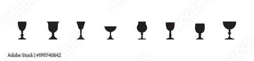Collection of various elegant drinking glasses and goblets in black silhouette vector icons