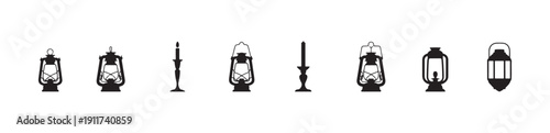 Set of classic lanterns and a single candle holder in black silhouette vector icons