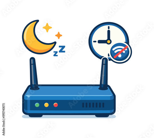 router with tiny bedtime moon icon above and small clock showing night wifi off schedule . colored flat icon vector illustration