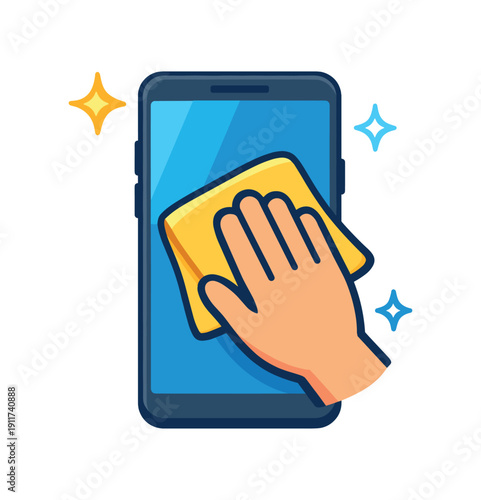 hand cleaning phone screen with cloth small sparkle hygiene and device care habit . colored flat icon vector illustration
