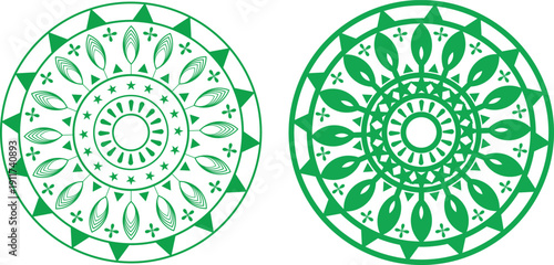 Green Floral Mandala Circle Pattern Set Decorative Vector Ornament Design