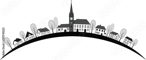 Curved village skyline illustration with church and houses, minimalist rural town silhouette, black and white line art, European countryside panorama vector design