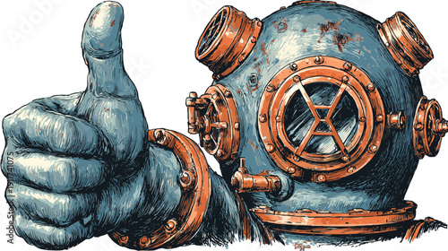 Illustration of a diving helmet with a thumb up gesture. Vintage style, blue, orange, white background