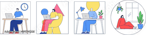 Horizontal set of four remote work vignettes featuring people at desks and armchairs in flat vector style