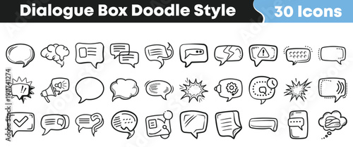 Collection of thirty distinct hand drawn doodle style dialogue and speech bubble icons illustrating various communication concepts perfectly.