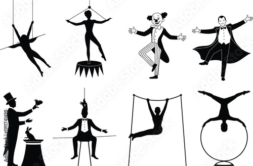 Circus performer silhouette illustration set, trapeze artist artwork, clown vector design, magician icon pack, acrobat graphic collection, puppeteer entertainment sketch