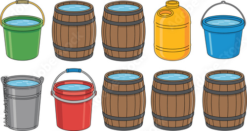 Cartoon water bucket and barrel set with plastic pails, metal container, wooden barrels and yellow canister filled with water, isolated illustration