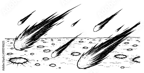 Meteors and asteroids crashing onto a cratered planet surface in manga sketch style