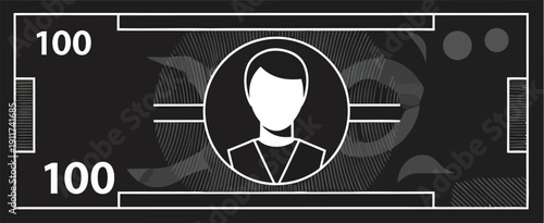 Single black cash note with person icon, minimal flat vector illustration