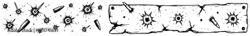 Long horizontal banner design featuring bullet holes and flying ammunition in hand drawn style