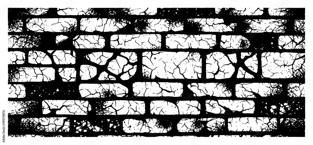 Naklejka premium Old broken brick wall texture with high contrast black and white grunge details