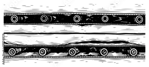 Wooden beams reinforced with metal straps and rivets sketch