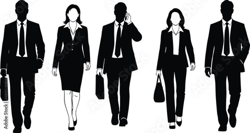 Professional business people silhouettes walking forward in formal suits representing corporate teamwork leadership career success and diversity in the modern workplace