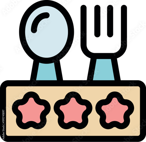 Baby cutlery set featuring a spoon and fork placed on a stand decorated with three stars, ideal for mealtime