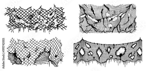 Torn and distressed fishnet fabric textures with large holes