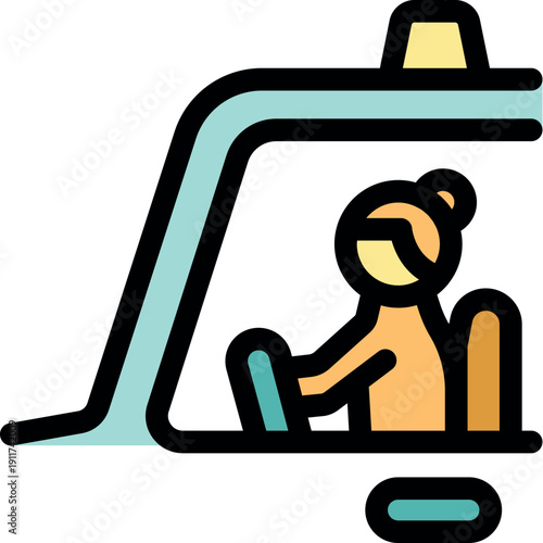 Woman taxi driver driving a taxicab, holding the steering wheel, with a taxi sign on the roof