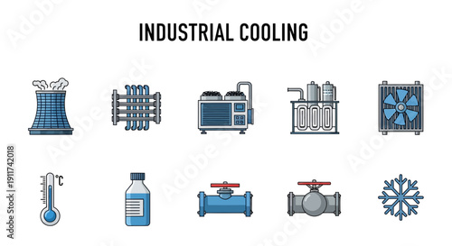 Collection of ten icons related to industrial cooling systems and temperature measurement