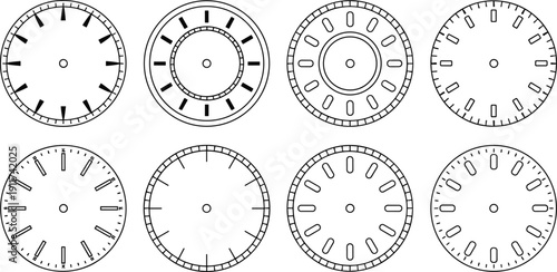 Clock face designs illustration, timekeeping graphic set, decorative hour markers motif, minimalistic style concept, vintage horology art, modern watch identity