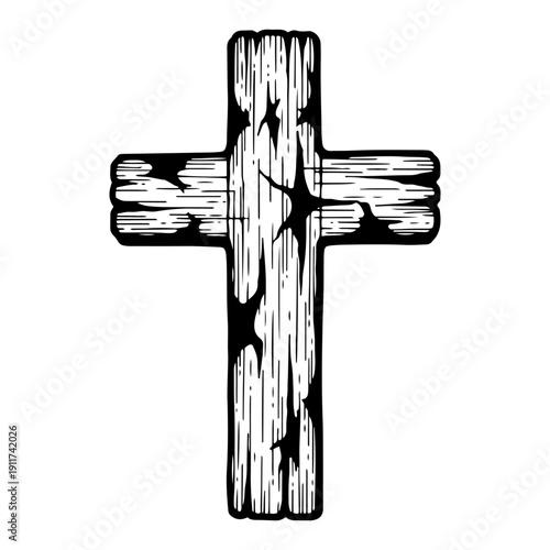 Textured wooden christian cross symbol isolated on white background