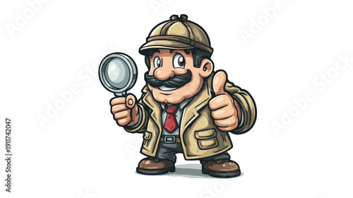 Animated cartoon illustration of a detective with a magnifying glass, thumbs up
