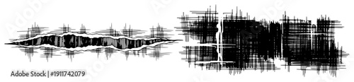 Illustration of a deep horizontal rip or tear and a messy ink scratch texture in hand drawn style